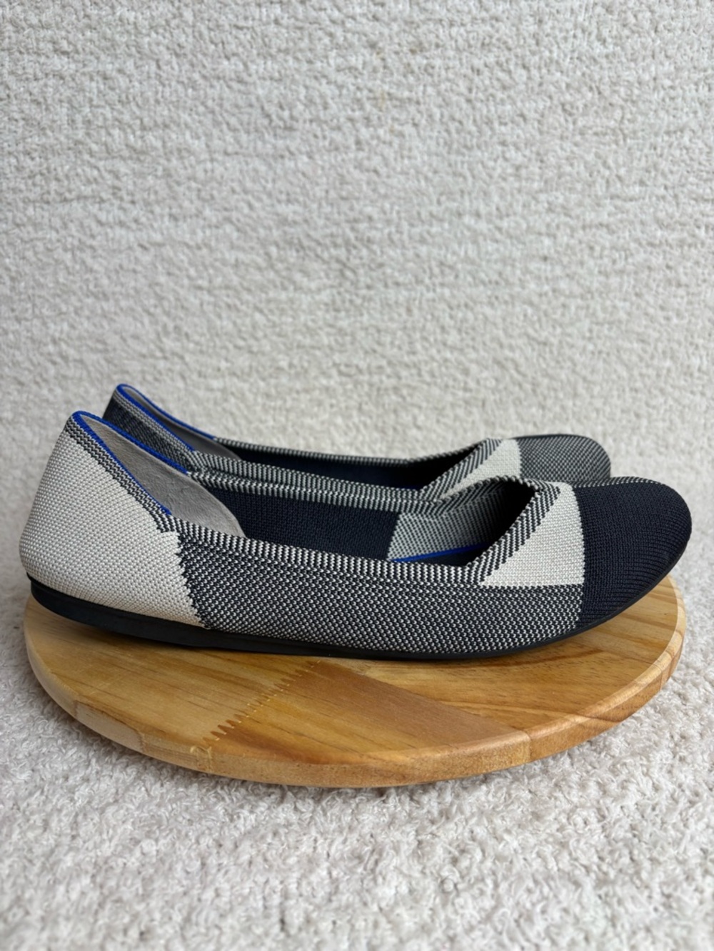 Rothys The Flat Knit Captoe Ballet Black Beige Plaid Check Womens 10
